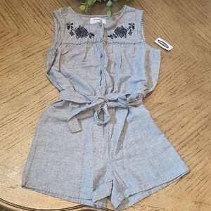 Old Navy Blue Embroidered Romper Size L 10/12 NWT